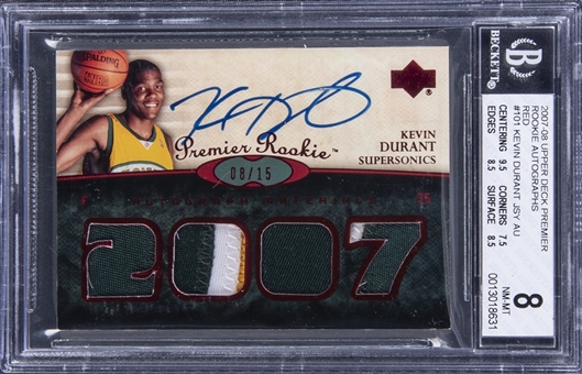 2007-08 UD Premier Rookie Autographs Red #101 Kevin Durant Signed Rookie Patch Card (#08/15) - BGS NM-MT 8/BGS 9
